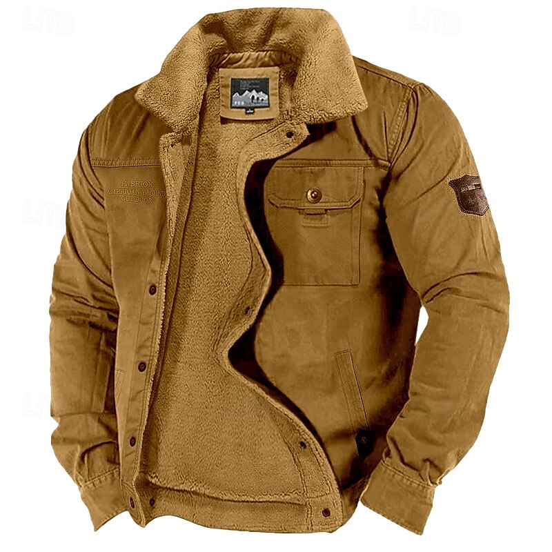Men's Fleece Jacket Cargo Jacket Chore Jacket Formal Home Windbreaker Durable Pocket Fleece Collar Fall Winter Solid Color Active Vintage Collar Regular Navy Blue Dark Green Khaki Jacket