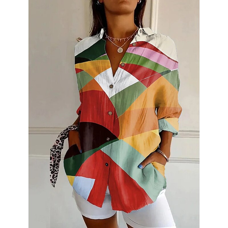 Women's Shirt Graphic Geometric Stylish Modern Casual Long Sleeve Bishop Sleeve Shirt Collar Regular Tops Daily Holiday Print Black Purple Orange Fall Winter