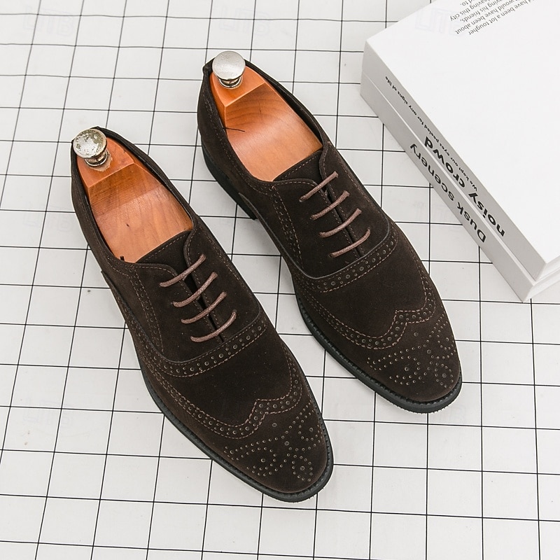 Men's Brown Suede Oxford Dress Shoes with Brogue Detailing, Classic Formal Business Shoes for Office, Weddings and Special Occasions4