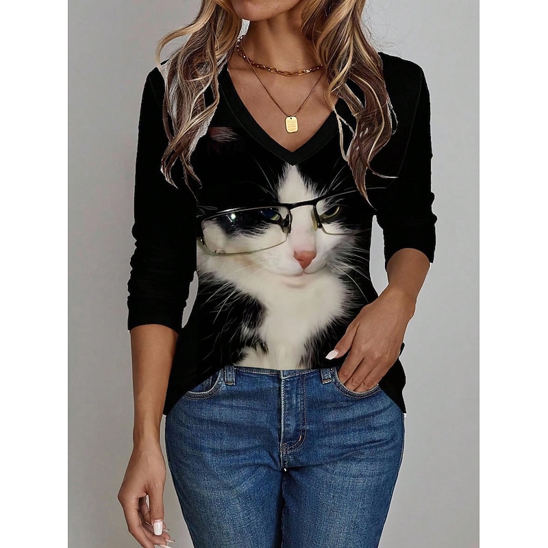 Women's T Shirt Graphic Animal Cat Vintage Stylish Casual Long Sleeve V Neck Regular Tops Daily Print Black Spring Fall