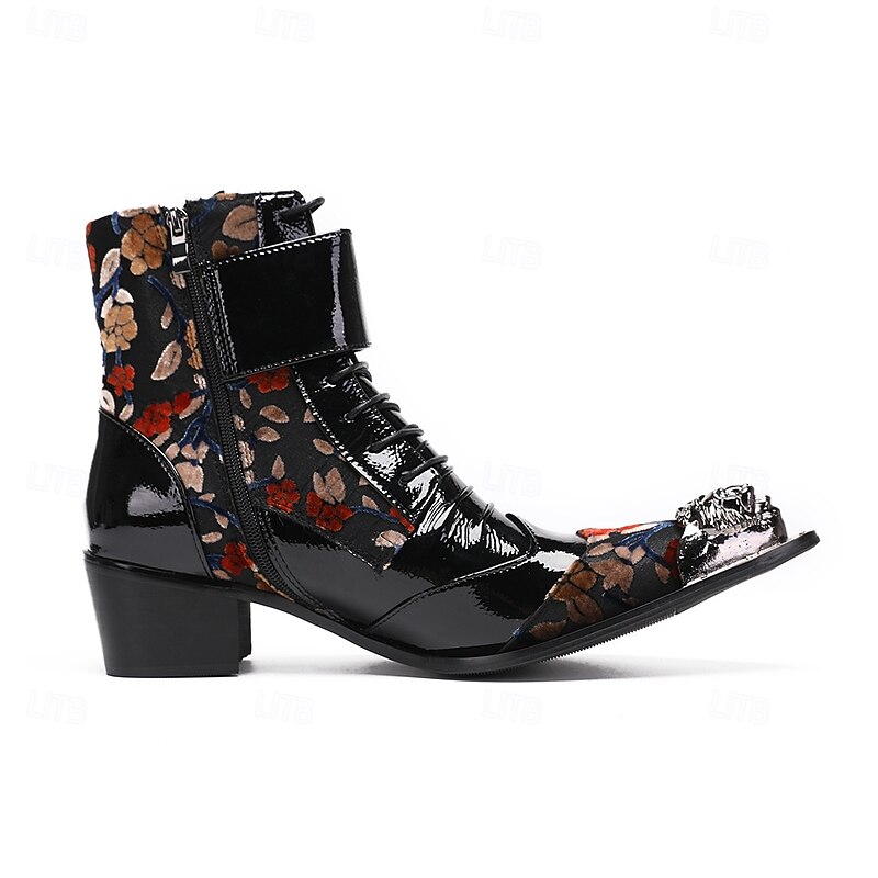 Men's Black Genuine Leather Floral Gothic Boots with Metal Toe Cap and Lace-Up Design, Cowhide Stage Performance Cowboy Boots for Rock and Nightclub Style4