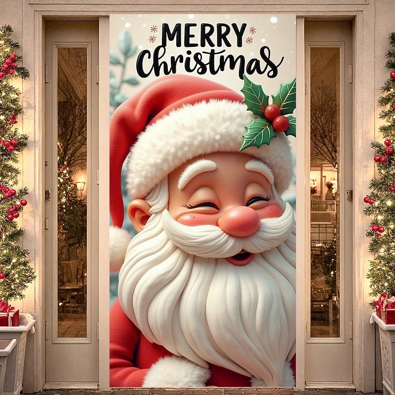 Christmas Door Cover Merry Christmas Holiday Decoration Drapes with Santa Claus Holly Leaves and Red Berries Print for Home Entryway Living Room Bedroom Indoor Outdoor Festive Seasonal Decor