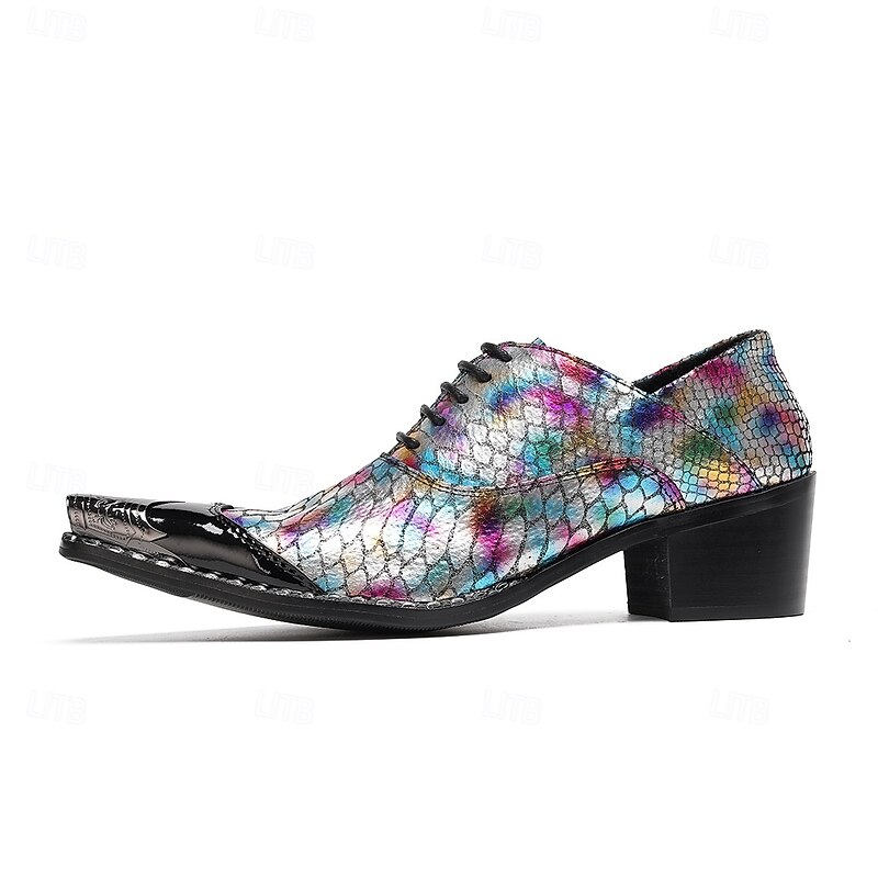 Men's Iridescent Genuine Leather Oxford Shoes with Crocodile Pattern and Pointed Toe, Cowhide Dress Shoes for Stage, Parties and Fashion Events4