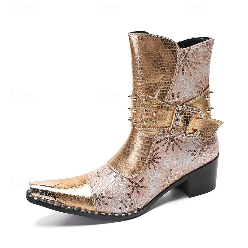 Men's Gold Genuine Leather Crocodile Pattern Cowboy Boots with Metal Studs and Side Zipper, 100% Cowhide Western Boots for Parties, Shows and Concerts2
