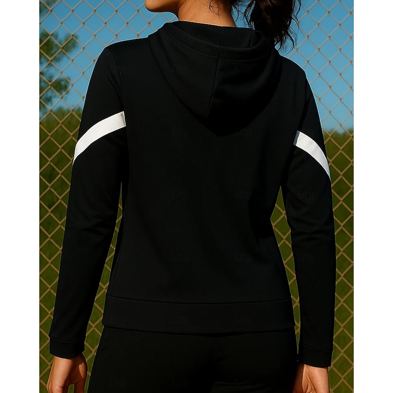 Women's Running Jacket Outdoor Jacket Running Coat Full Zip Long Sleeve Outerwear Athletic Color Block Sun Protection Quick Dry Lightweight Breathable Tennis Golf Running Sportswear Activewear Black2