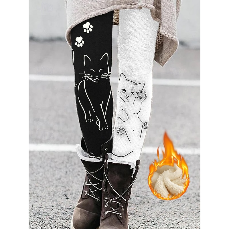 Women's Fleece Pants Leggings Vacation Vintage Ethnic Style Full Length High Waist Graphic Cat Thermal Warm Comfy Comfortable Stretchy Outdoor Causal Casual Black White Fall Winter Slim Fit