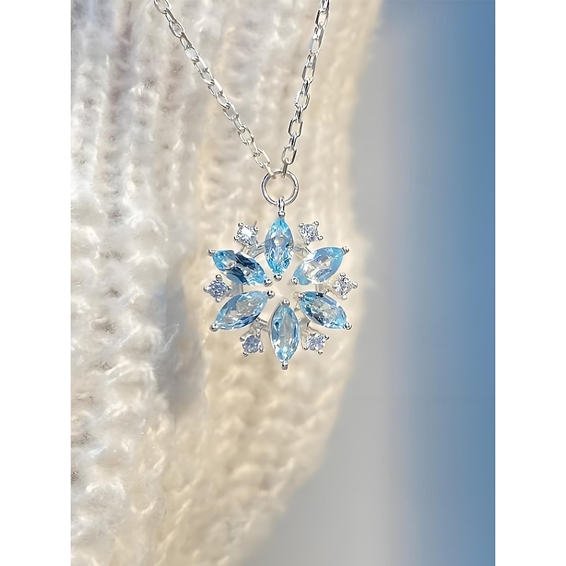 Women's Snowflake Pendant Necklace with Blue Crystals, Elegant Winter Jewelry for Christmas Parties & Holiday Gifts