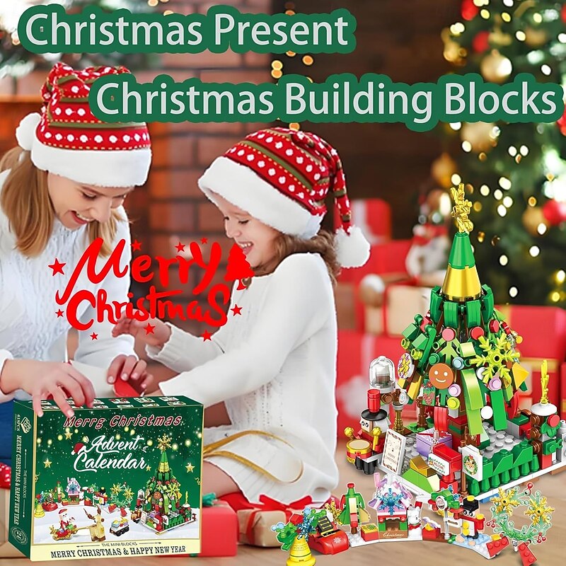 Christmas Advent Calendar Building Blocks for Kids Xmas Countdown Gift, 2025 Christmas Tree Building Toy Set with Warm Lights, 24 Days Countdown Holiday Calendar, 24-in-1 Creative Brick Set for Kids & Adults2