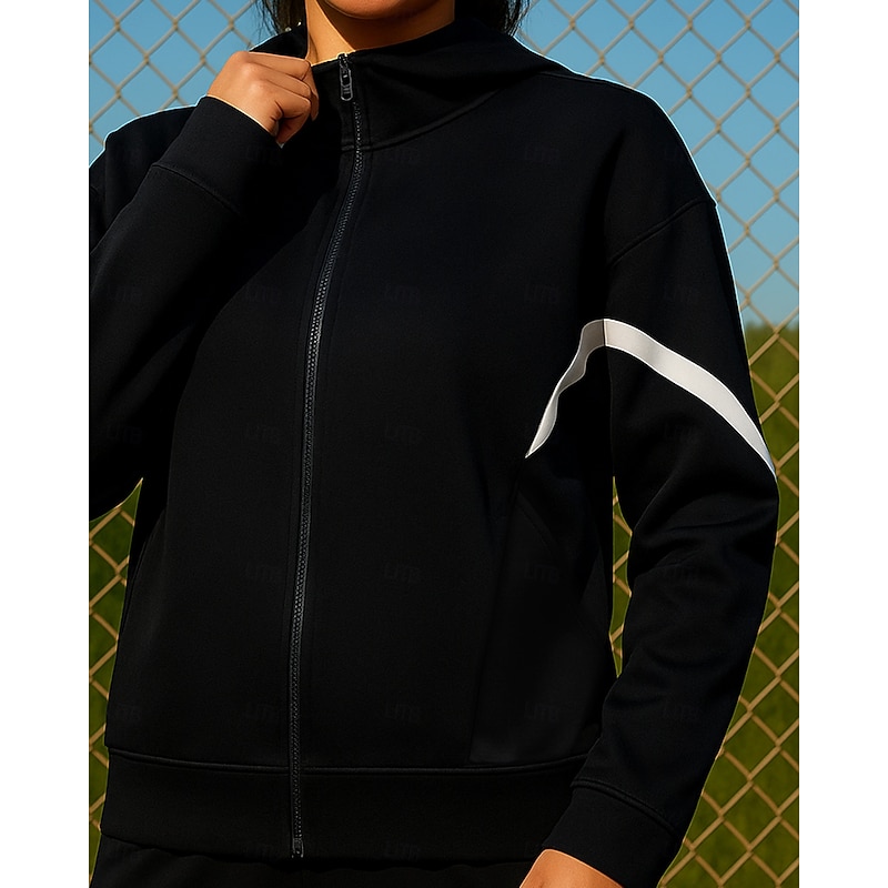 Women's Running Jacket Outdoor Jacket Running Coat Full Zip Long Sleeve Outerwear Athletic Color Block Sun Protection Quick Dry Lightweight Breathable Tennis Golf Running Sportswear Activewear Black3