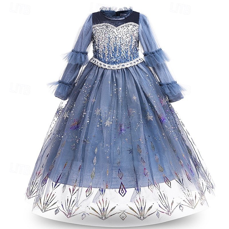 Kids Girls' Elsa Frozen Halloween Costume Dress Sequin Floral Performance Party Blue Maxi Long Sleeve Princess Sweet Dresses Fall Winter Regular Fit 4-12 Years4