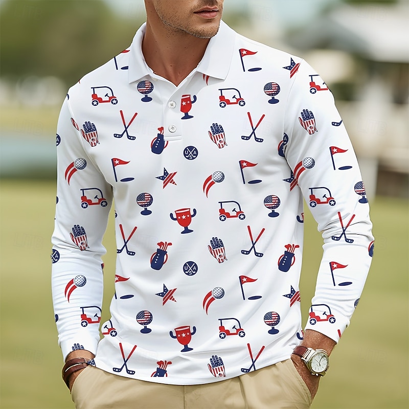 Men's Graphic Polo Long Sleeve Polo Shirts Lapel Casual Outdoor Athleisure Daily Wear 3D Print Buttons Fall Winter White