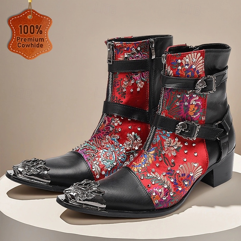 Men's Red Genuine Leather Embroidered Gothic Boots with Double Buckle Straps and Metal Toe Cap, 100% Cowhide Western Ankle Boots for Stage, Parties and Fashion Shows