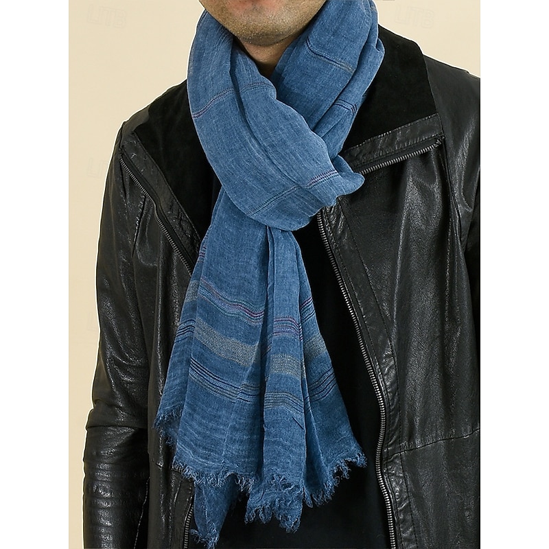 Men's Lightweight Striped Cotton Scarf – Casual Vintage Style Soft Fringed Shawl for Autumn Winter Outdoor Travel and Daily Wear3