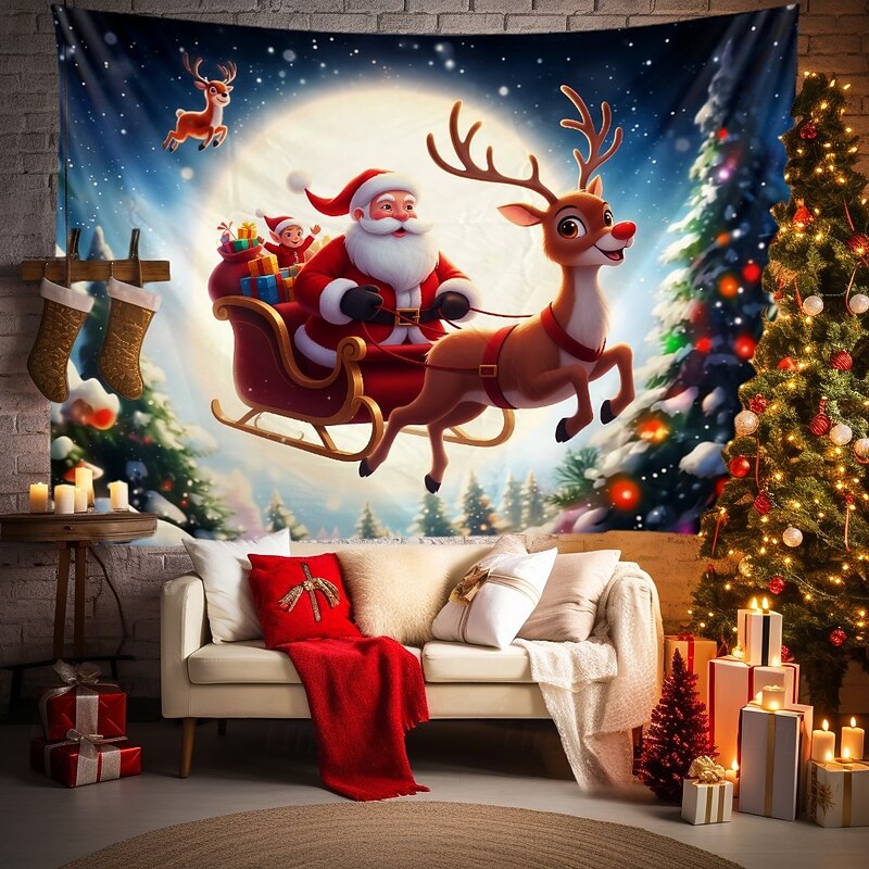 Christmas Hanging Tapestry Santa Claus with Reindeer under Moonlight Large Wall Art Mural Decor Blanket Curtain Holiday Home Bedroom Living Room Festive Seasonal Winter Holiday Decoration3