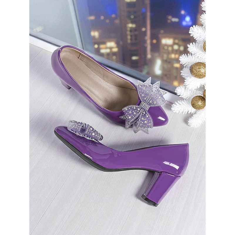 Women's Purple Patent Leather Block Heel Pumps, Elegant Round Toe Dress Shoes with Bow for Formal Events & Office Wear4