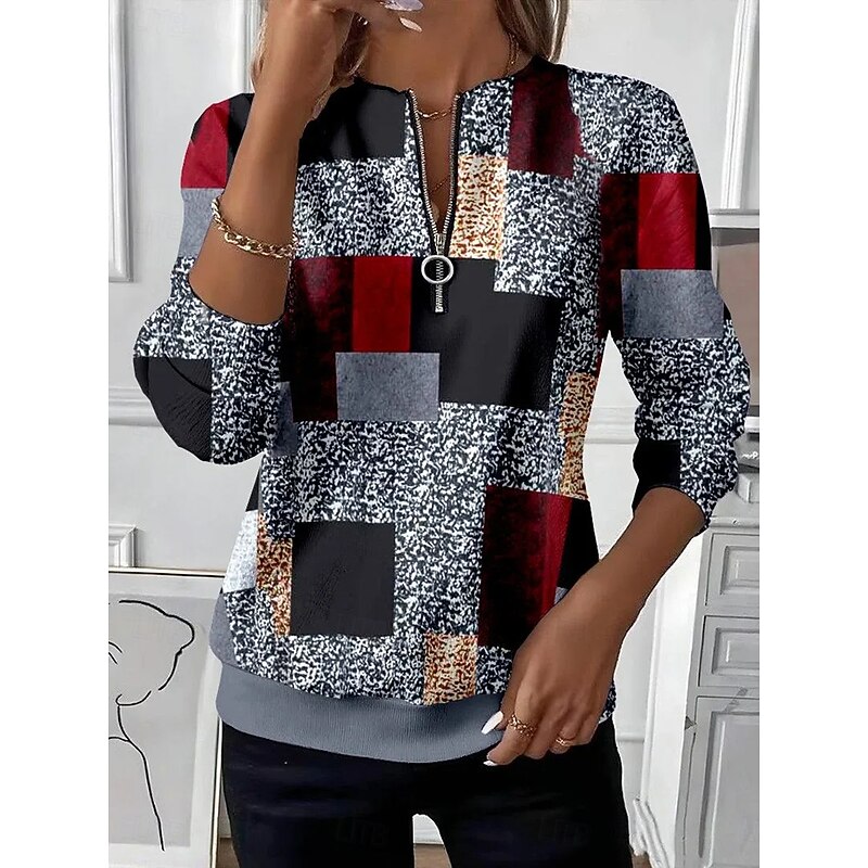 Women's Pullover Sweatshirt Zip Up Sweatshirts Graphic Geometric Plaid Fashion Casual Long Sleeve Crew Neck Regular Tops Street Dailywear Zipper Print Purple Brown Gray Fall Winter4