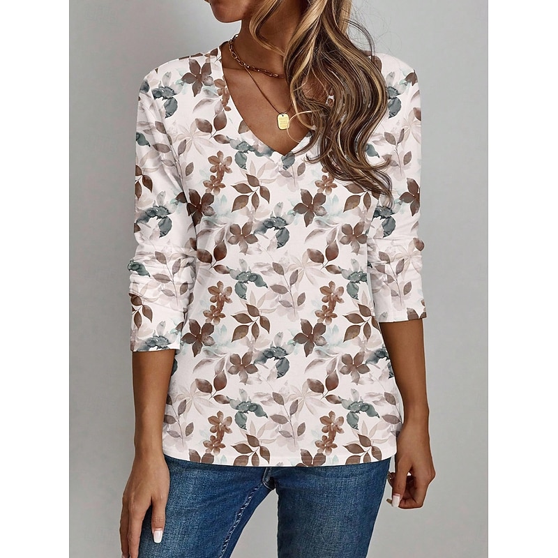 Women's T Shirt Floral Graphic Plants Vintage Stylish Classic Long Sleeve V Neck Regular Tops Daily Print off-white Spring Fall