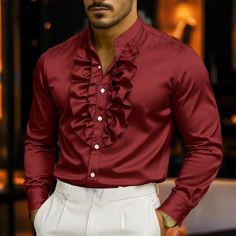 Men's Shirt Dress Shirt Casual Shirt Button Up Shirt Prom Shirt Plain Carnival Formal White Red Purple Gold Long Sleeve Standing Collar All Seasons Clothing Apparel Buttons3