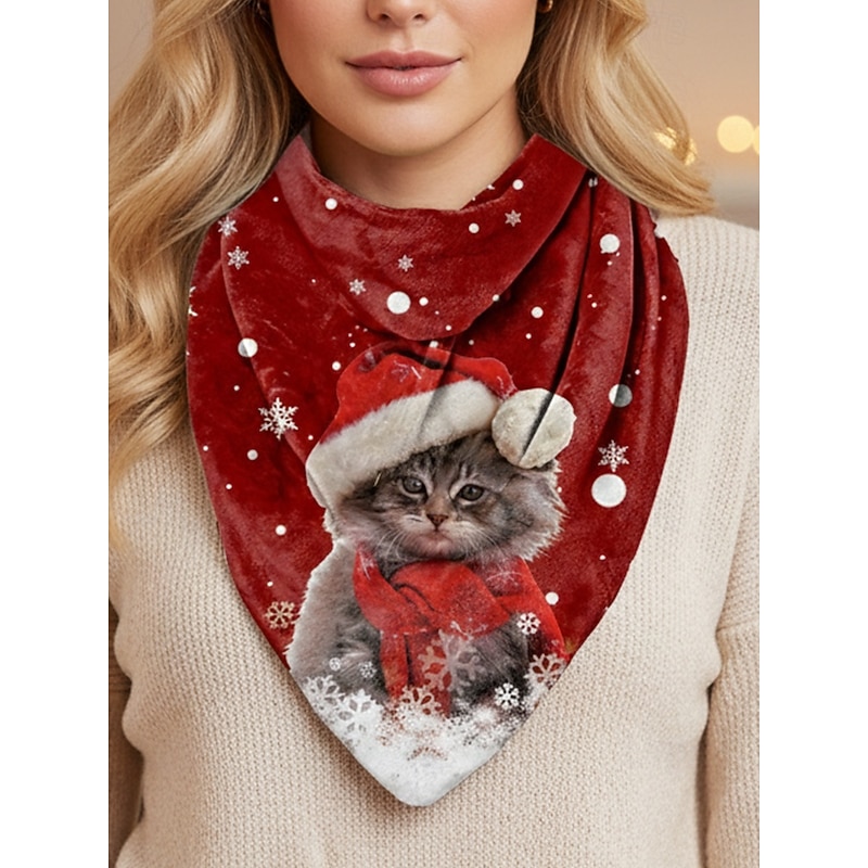 Women's Christmas Cat Print Scarf, Cozy Red Triangle Neck Wrap with Santa Hat Kitten Design, Soft Winter Shawl for Holiday Parties & Gifts