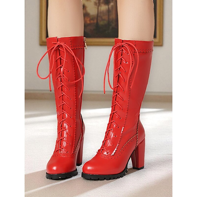 Women's Red Faux Leather Lace-Up Knee-High Boots, 1950s Retro Chunky Heel Combat Booties for Cosplay, Parties & Winter Fashion2