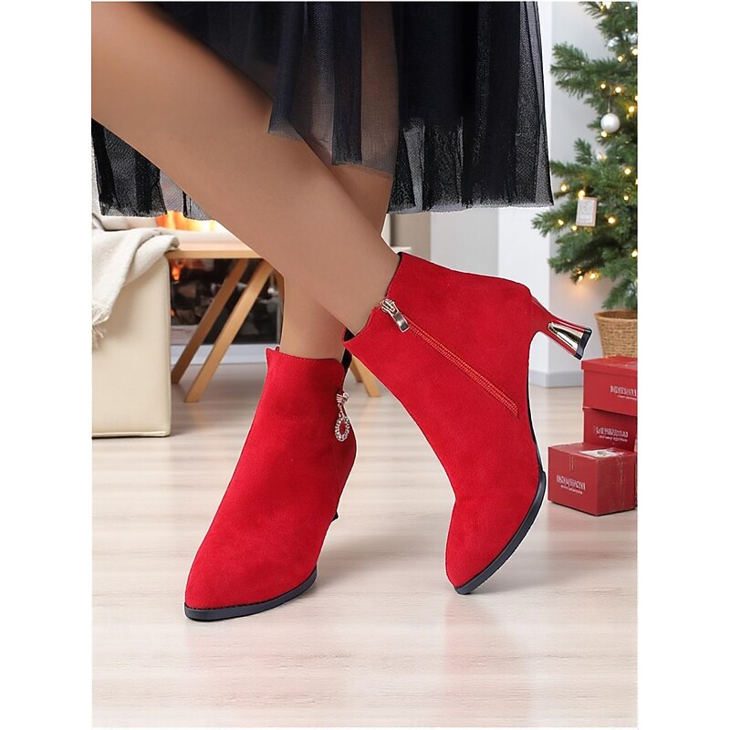 Women's Red Suede Ankle Boots with Gold Block Heels and Side Zipper, Stylish Winter Fashion Booties for Christmas Parties & Daily Outfits3
