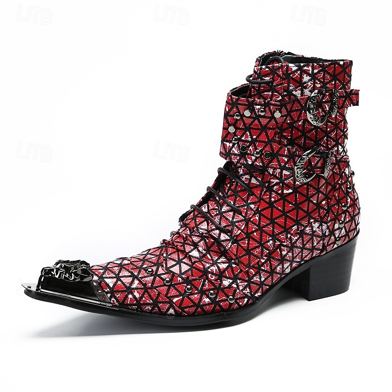Men's Red Genuine Leather Punk Ankle Boots with Geometric Pattern and Double Buckle Straps, 100% Cowhide Western Style Boots for Stage and Nightclub Fashion4