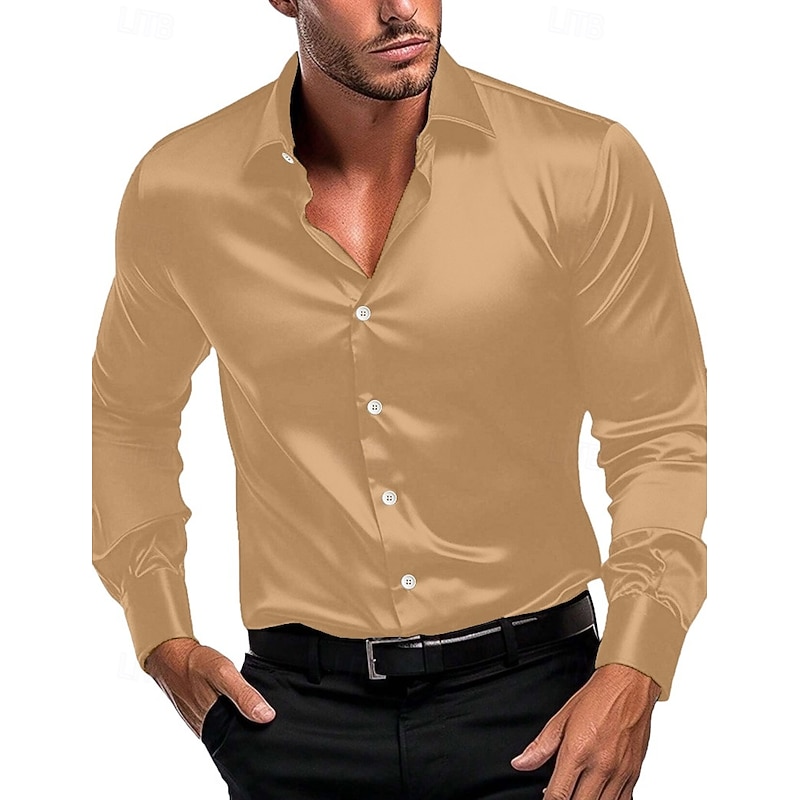 Men's Shirt Satin Shirt Dress Shirt Casual Shirt Button Up Shirt Prom Shirt Plain Formal Wedding Light Blue Black Royal Blue Gold Long Sleeve Lapel All Seasons Clothing Apparel4