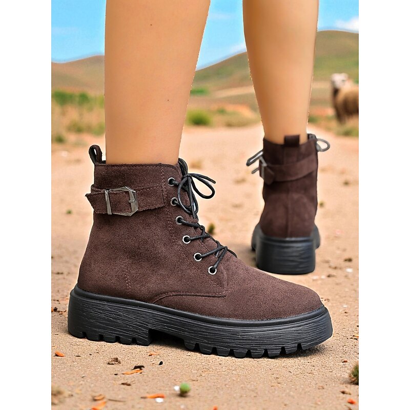Women's Brown Lace-Up Combat Boots with Faux Fur Lined and Buckle Strap, Chunky Non-Slip Sole, Casual Faux Suede Ankle Boots for City Nomadic Style Outfits and Winter Casual Wear4