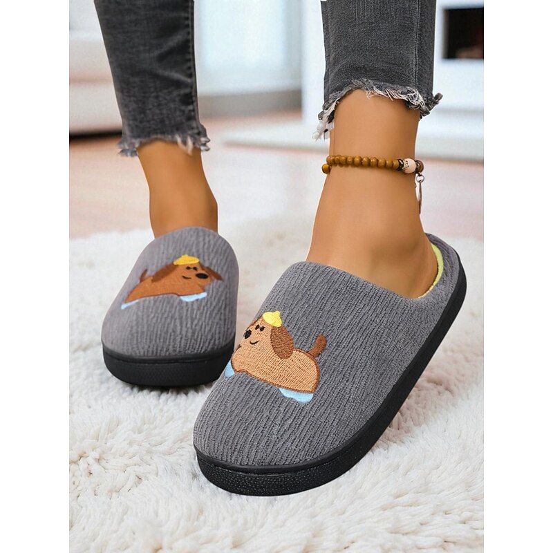 Women's Peach Pink Plush Indoor Slippers with Cute Teddy Bear Embroidery, Warm Cozy Slip-On House Shoes for Winter Home