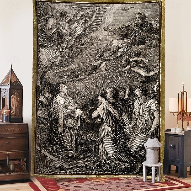 Christmas Hanging Tapestry Nativity Scene with Angel Messenger Printmaking Style Jesus Birth Large Wall Art Mural Decor Blanket Curtain Holiday Home Bedroom Living Room Religious Celebration Decor