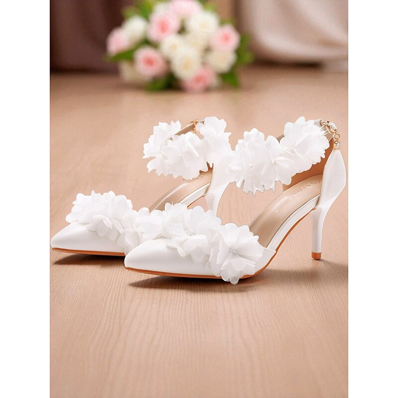 Women's White Floral Ankle Strap Heels - Elegant Pointed Toe Kitten Pumps for Weddings and Formal Occasions4
