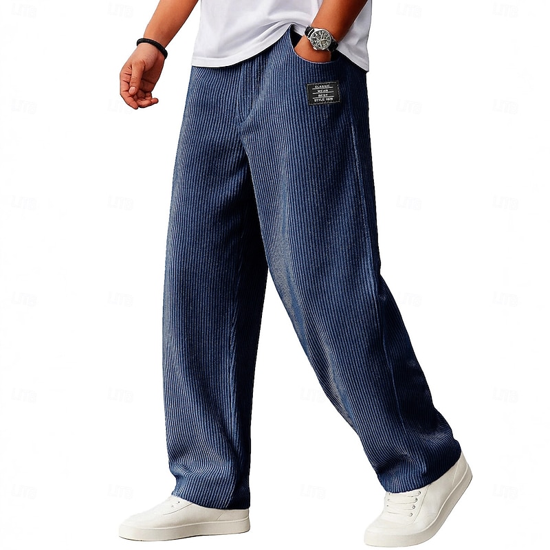Men's Trousers Corduroy Pants Baggy Pants Straight Leg Sweatpants Drawstring Elastic Waist Solid Color Comfort Full Length Outdoor Daily Streetwear Fashion Classic Style Black Navy Blue Inelastic