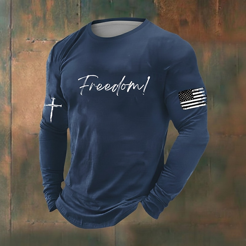 Men's American US Flag Freedom T Shirt Long Sleeve T shirt 3D Print Crew Neck Shirt Daily Casual Funny Political T Shirt Party Birthday Street Black Red Blue Fall Winter Clothing Apparel S M L XL XXL3