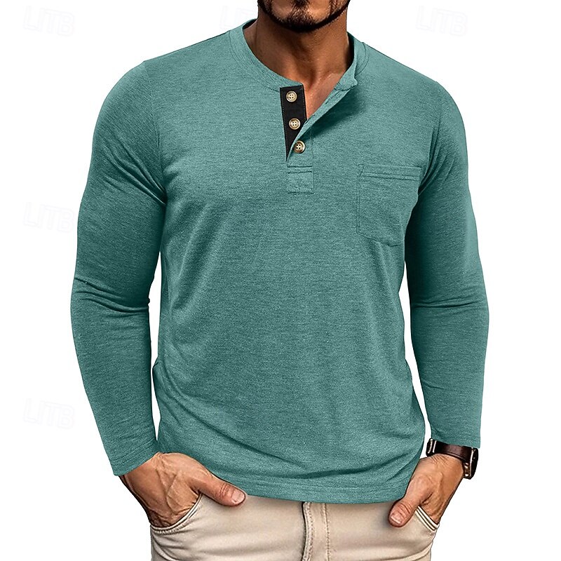 Men's Waffle Henley Shirt Tee Long Sleeve Solid Color Plain Textured Fashion Designer Casual Pocket Buttons Henley Outdoor Casual Daily Fall Winter All Seasons White Navy Blue Blue Henley T-Shirt2