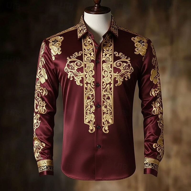 Men's Floral Print Ethnic Baroque Shirt Satin Shirt Dress Shirt Long Sleeve Vintage Retro Vacation Dailywear Summer Spring Fall Turndown 3D Print Button Up Shirts Black Wine Dark Blue