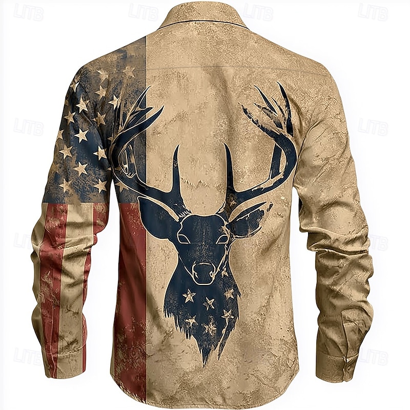Men's Reindeer American US Flag Shirt Button Up Shirt Long Sleeve Vintage Retro Outdoor Camping & Hiking Hunting Spring Fall Turndown 3D Print Linen Like Shirt Khaki
