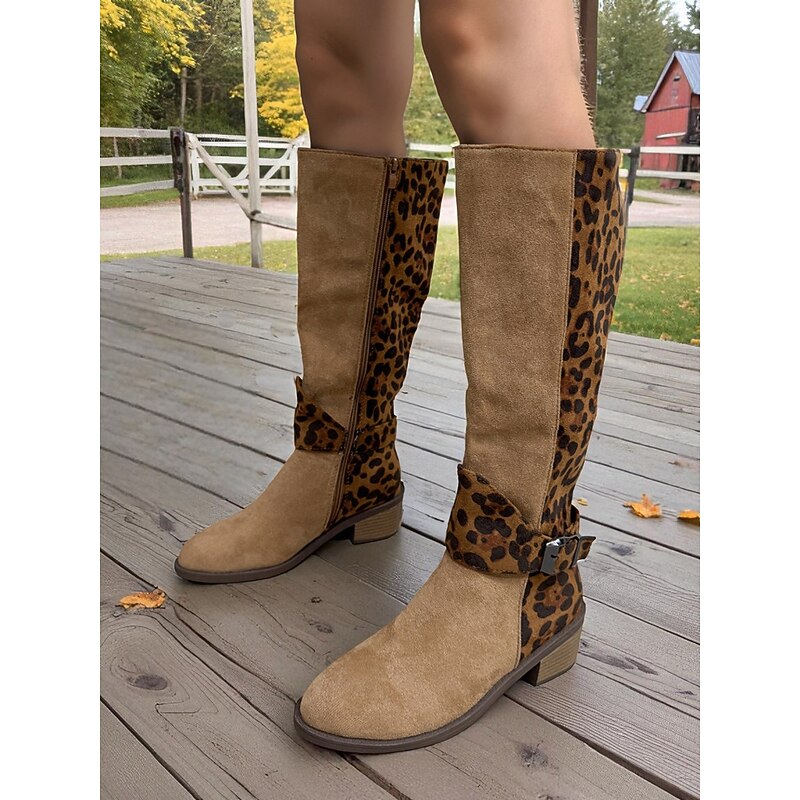 Women's Leopard Print Knee High Boots – Chic Faux Suede Riding Boots for Weekend Getaways and Casual Wear