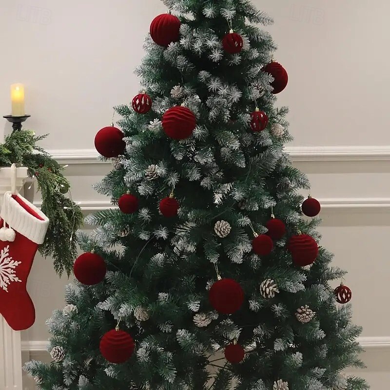 12pcs Christmas Red Velvet Ball Ornaments Baubles Snowball Ornaments with Gold Tassels Tree Decorations, Holiday Home Decor, Perfect for Festive Tree and Christmas Decor Set3