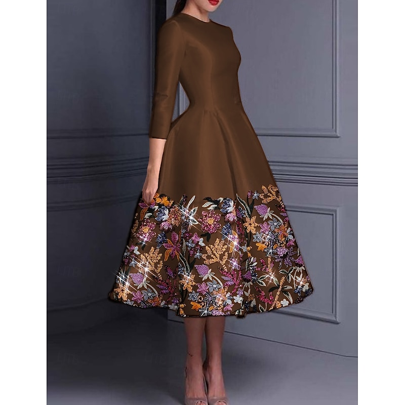 Floral Embroidered A-Line Cocktail Elegant Dress Formal Wedding Ankle Length Long Sleeve Crew Neck Satin with Slit3
