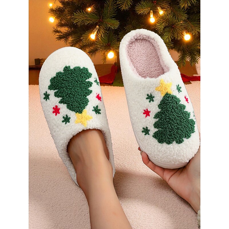Women's White Christmas Tree Slippers with Plush Lining, Cozy Winter House Shoes for Holiday Party & Gift Giving3