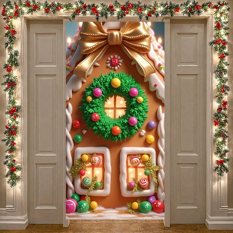 Christmas Door Cover Animated Style Holiday Decoration Drapes with Gingerbread House Christmas Wreath and Golden Bow Print for Home Entryway Living Room Bedroom Indoor Outdoor Festive Winter Decor2