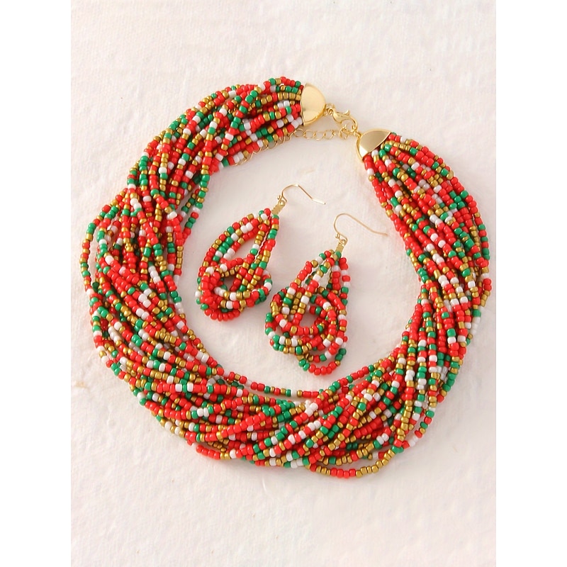 Women's Multicolor Beaded Necklace and Earrings Set, Festive Handmade Jewelry for Christmas Party & Holiday Outfits3