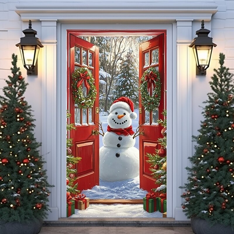Christmas Door Cover Winter Holiday Decoration Drapes with Open Door Snowman and Christmas Wreath Print for Home Entryway Living Room Bedroom Indoor Outdoor Festive Seasonal Home Decor2