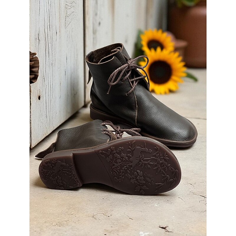 Women's Coffee Genuine Leather Lace-Up Ankle Boots, Vintage Casual Round Toe Flat Booties, Comfortable Fall & Winter Shoes for Daily Wear and Outdoor Outfits4