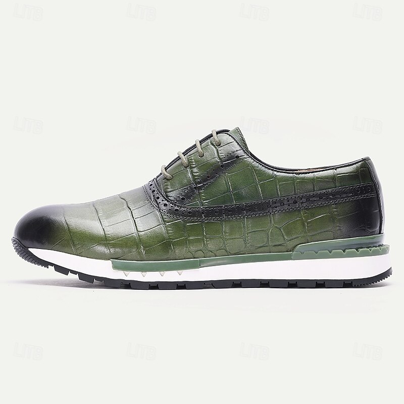 Men's Green Genuine Leather Crocodile Pattern Lace-Up Sneakers with Rubber Outsole, Fashion Casual Dress Shoes for Office, Travel, and Parties3