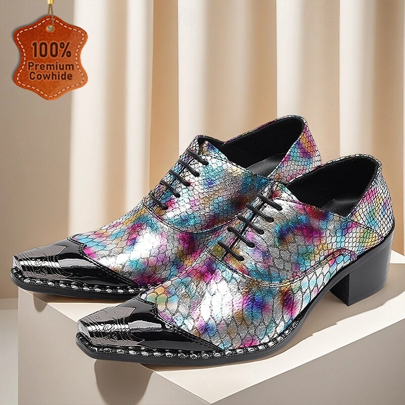 Men's Iridescent Genuine Leather Oxford Shoes with Crocodile Pattern and Pointed Toe, Cowhide Dress Shoes for Stage, Parties and Fashion Events