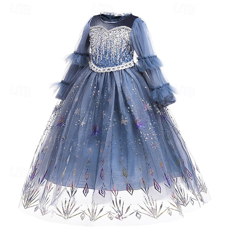 Kids Girls' Elsa Frozen Halloween Costume Dress Sequin Floral Performance Party Blue Maxi Long Sleeve Princess Sweet Dresses Fall Winter Regular Fit 4-12 Years2