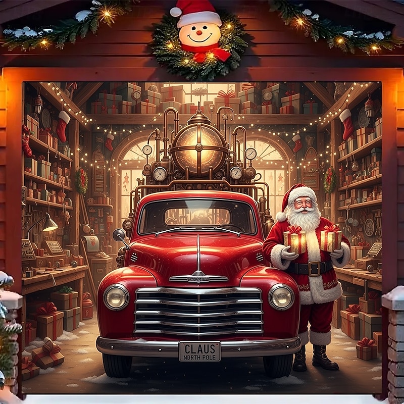 Christmas Garage Door Cover Santa Claus House Large Hanging Backdrop Outdoor Holiday Party Decoration 3D Festive Wall Banner Yard Home Christmas Scene Background3