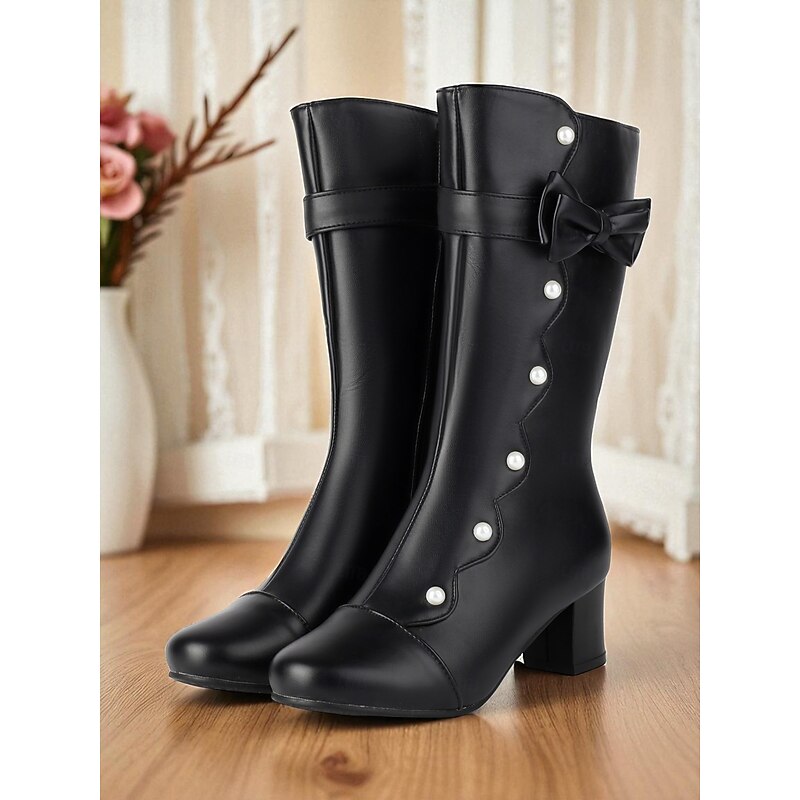 Women's Black Faux Leather Mid-Calf Boots with Pearl Button and Bow Detail - 1920s Vintage Retro Block Heel Dress Boots for Parties,Cosplay & Evening Wear