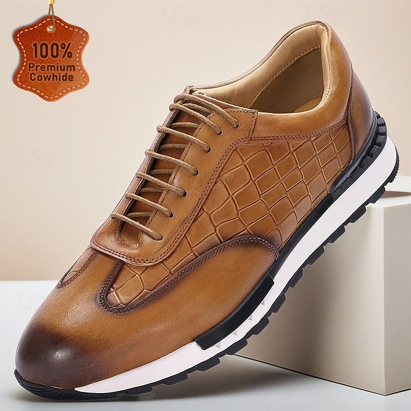 Men's Brown Genuine Leather Lace-Up Sneakers with Soft Cushioned Insole and Rubber Outsole, Comfortable Retro Casual Shoes for Everyday Wear